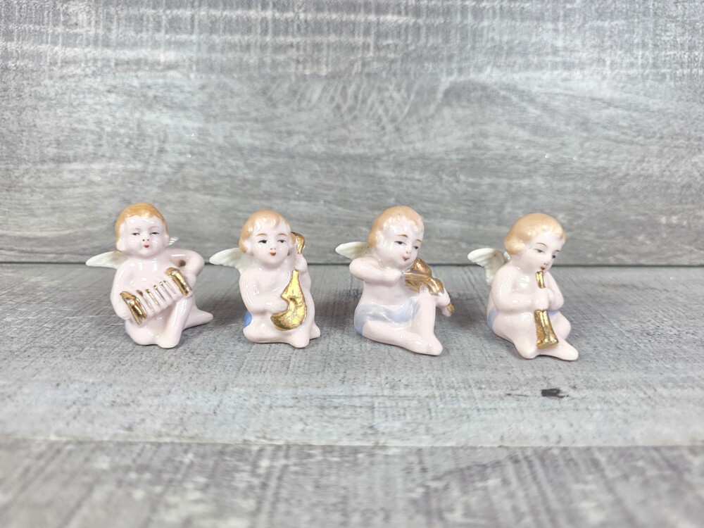 4 Vtg Porcelain Angels Figures Japan MCM 1" Instruments c 1950s Christmas 25e4